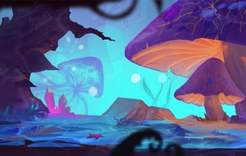暗夜森林巨型蘑菇横版场景插画图片壁纸