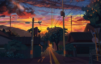 黄昏下的日系街道插画图片壁纸