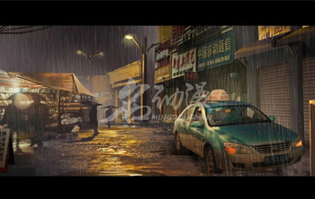 下雨街头小巷租出车插画图片壁纸