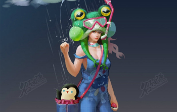 青蛙头套带下雨气球少女插画图片壁纸