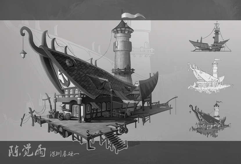 渔村船型木屋插画图片壁纸