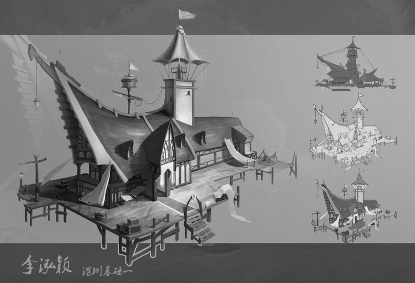 渔村船型木屋2插画图片壁纸