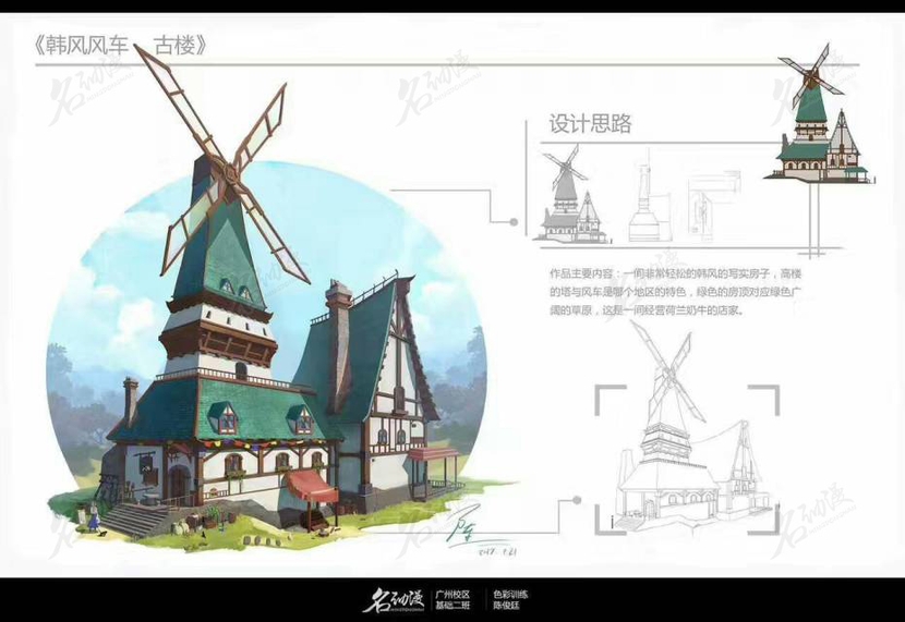 韩风风车古楼插画图片壁纸