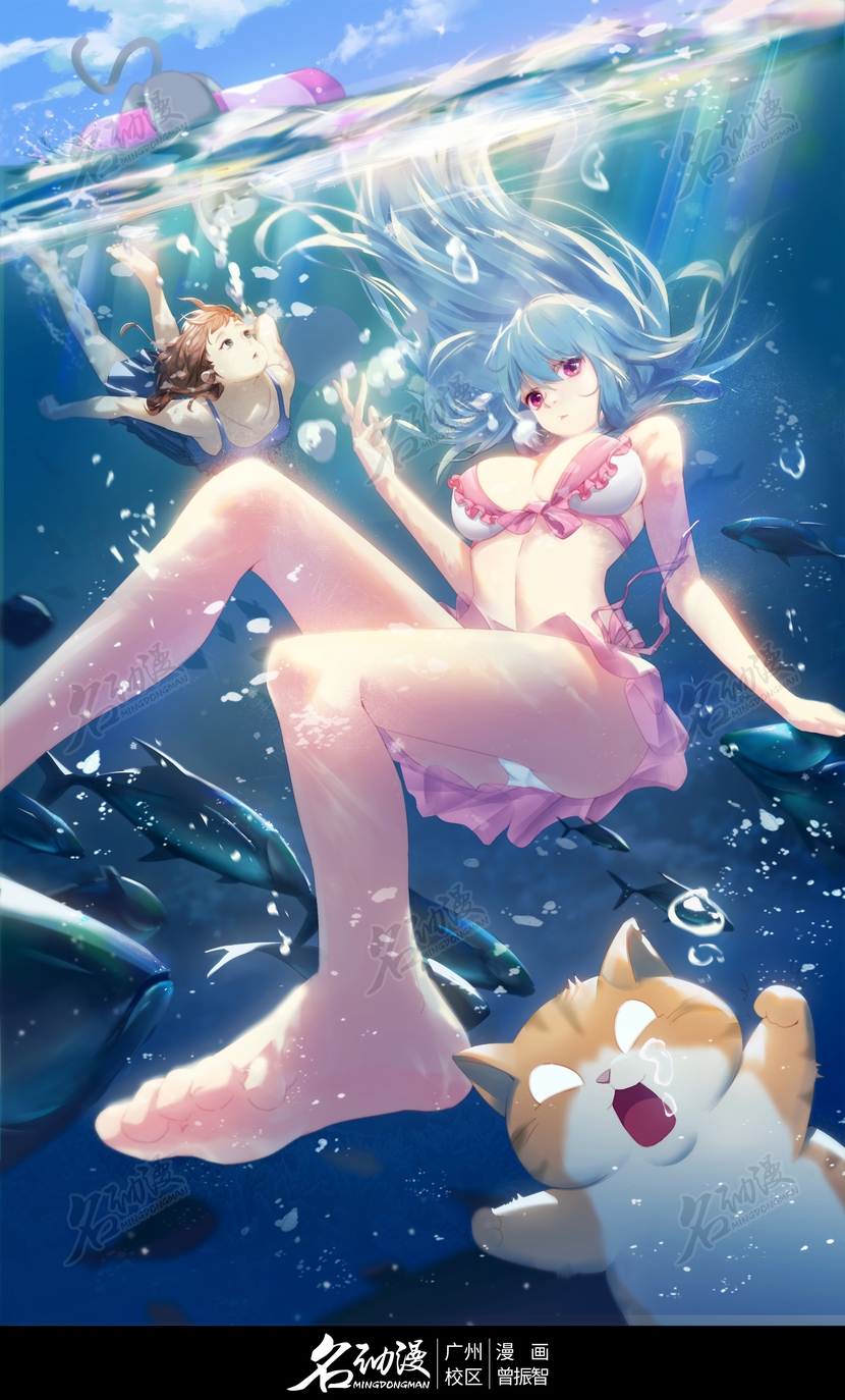 潜水泳装少女与猫插画图片壁纸