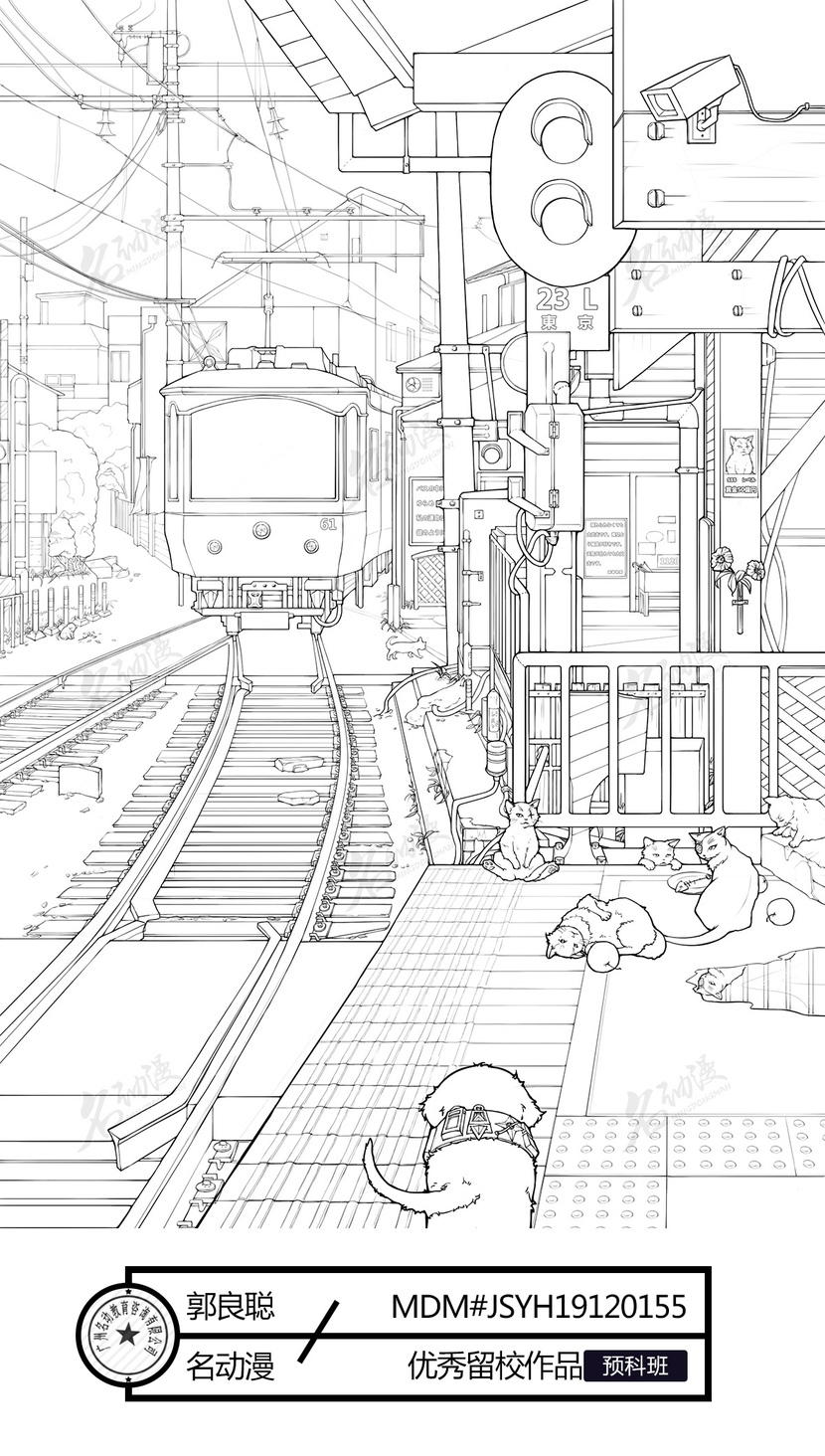 车站旁的猫与狗插画图片壁纸