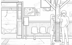 电车站的男女插画图片壁纸