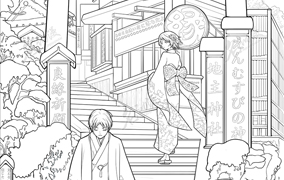 神社阶梯上的和服男女插画图片壁纸