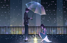 雨夜都市中的情侣 插画图片壁纸