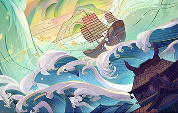 在惊涛骇浪中前进的船只插画图片壁纸